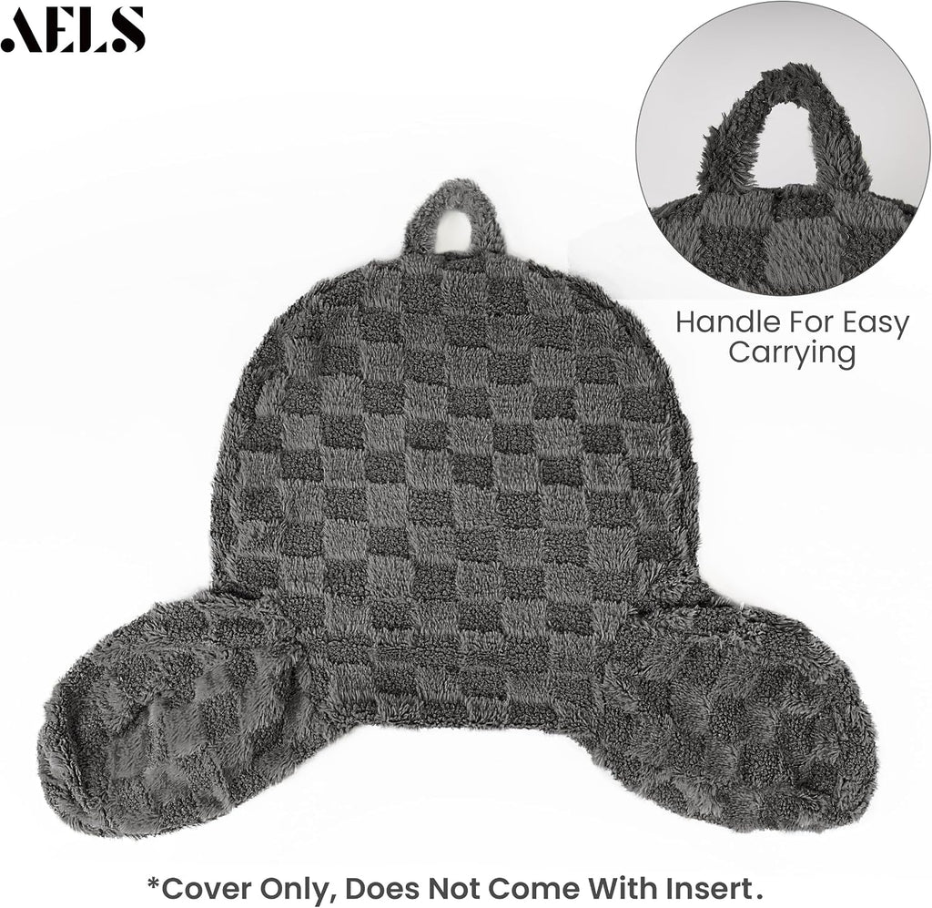 Aels Large Reading Pillow Replacement Cover with Arms and Pockets (Cover ONLY), 18" Soft Faux Fur Checkered Backrest Pillow Cover Fits Stan…