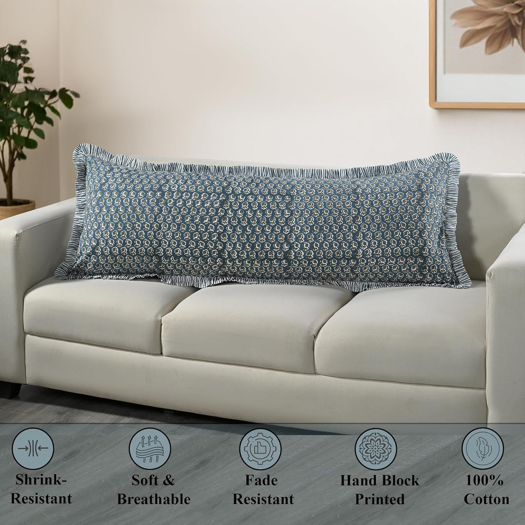Ridhi Block Print Peacock Blue 54"x20" Set 1-100% Cotton Ruffle Lumbar Sham Cover Boho Floral Pillowcase, Farmhouse Cottagecore Bedding…