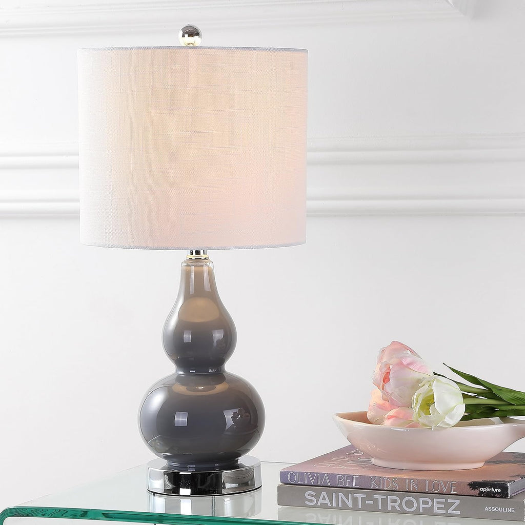 JONATHAN Y 20.5" Gray Glass Table Lamp, Modern Gourd Bedside Nightstand Lamp for Bedroom, Living Room, White Linen Shade, LED Bulb…
