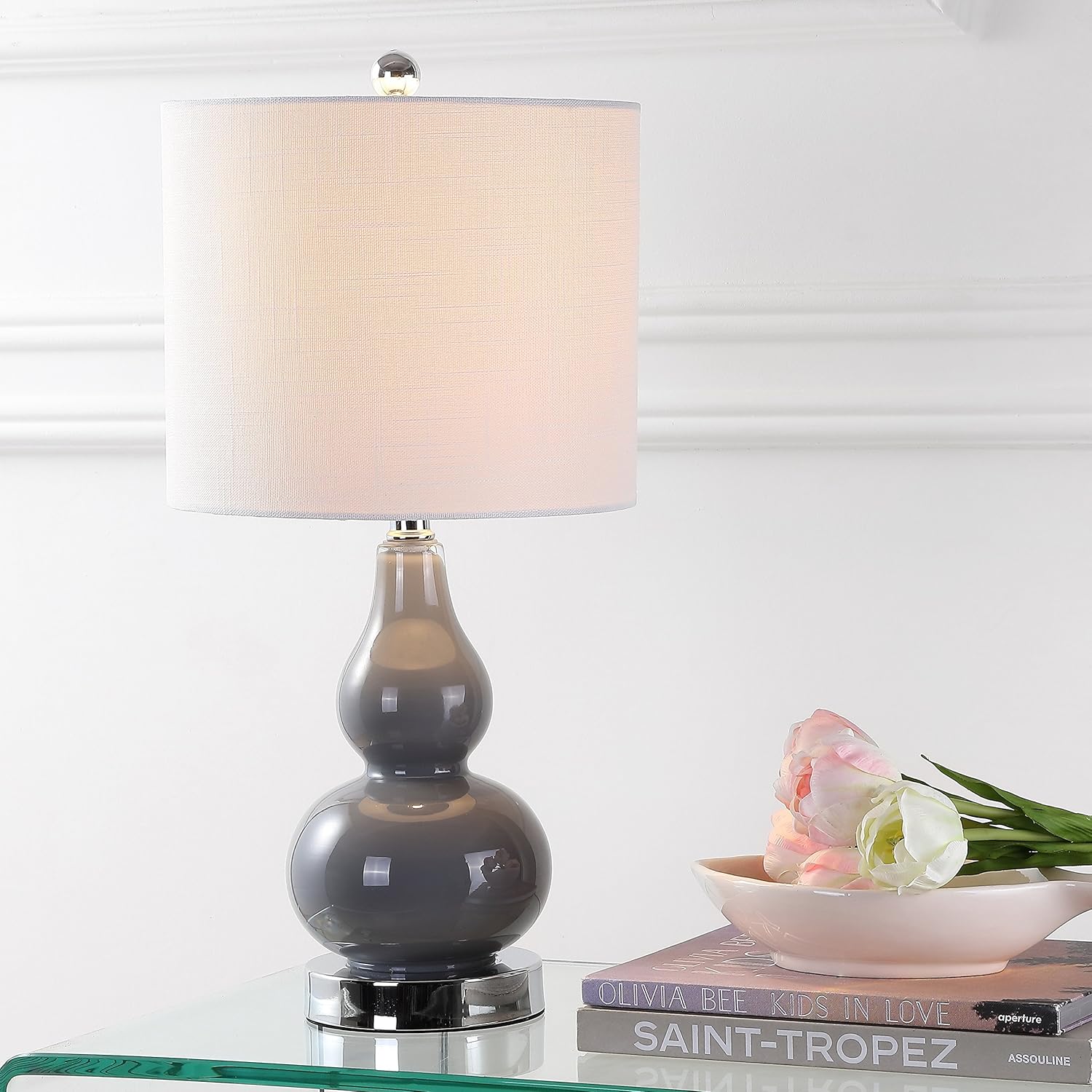 JONATHAN Y 20.5" Gray Glass Table Lamp, Modern Gourd Bedside Nightstand Lamp for Bedroom, Living Room, White Linen Shade, LED Bulb…