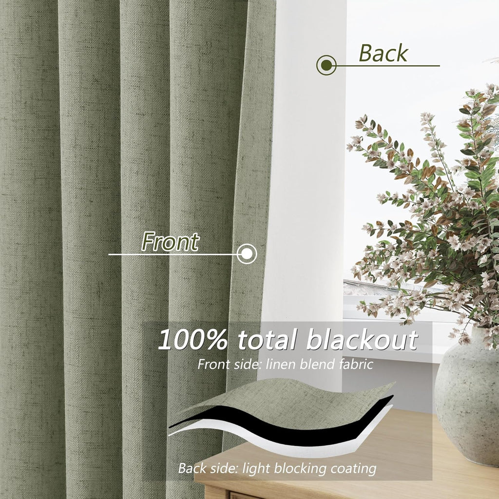 Guken Sage Green 100% Blackout Linen Curtains 108 Inch Length 2 Panels Set for Living Room Bedroom Back Tab Rod Pocket Thermal Insulated Bl…