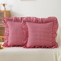 Jilboo 2 Pack 18 x18 inches Red/White Checkered Throw Pillow Covers 100% Washed Cotton Vintage Ruffle Trim Decorative Gingham Pillowcases w…