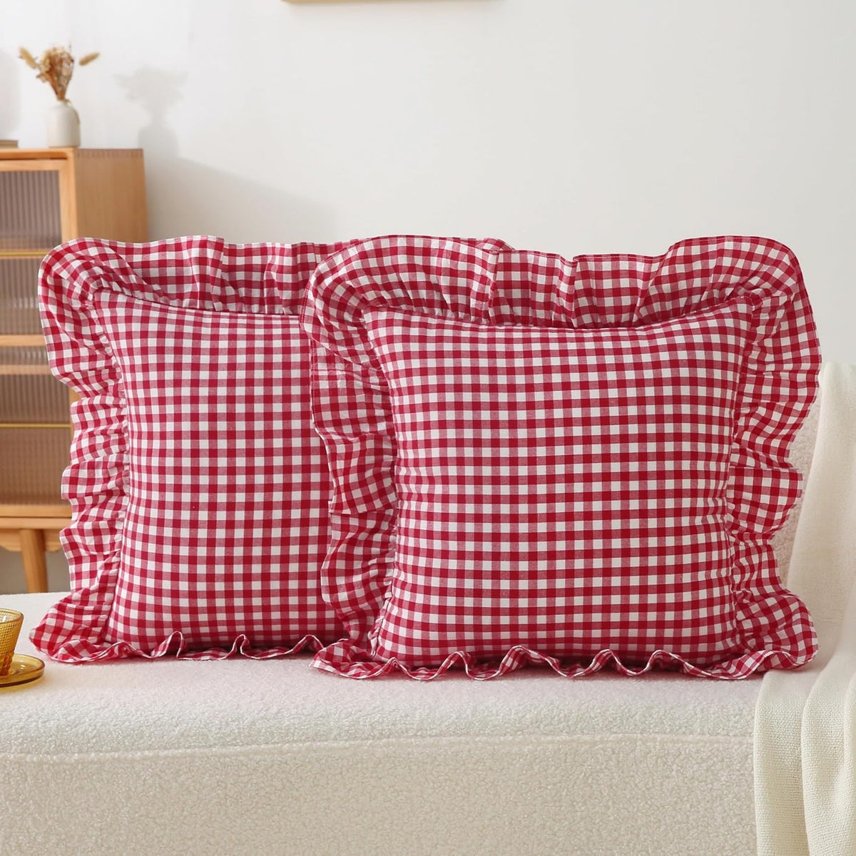 Jilboo 2 Pack 22 x22 inches Red/White Checkered Throw Pillow Covers 100% Washed Cotton Vintage Ruffle Trim Decorative Gingham Pillowcases w…