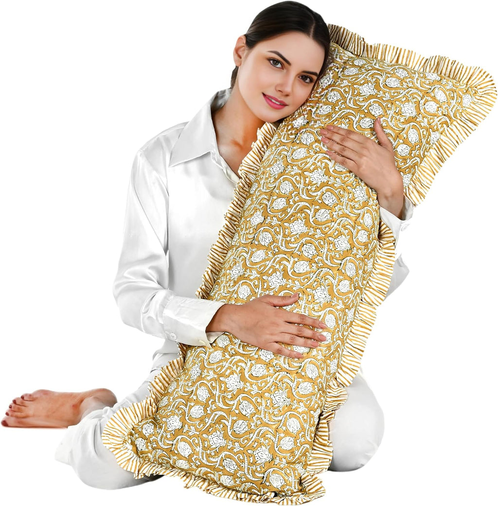 Cottonprintclub CPC Hand Block Print Mustard Regal Ruffle Sham Pillow Cover 36" x 14" inch Hidden Zipper Decorative Pillowcase for Couch, B…