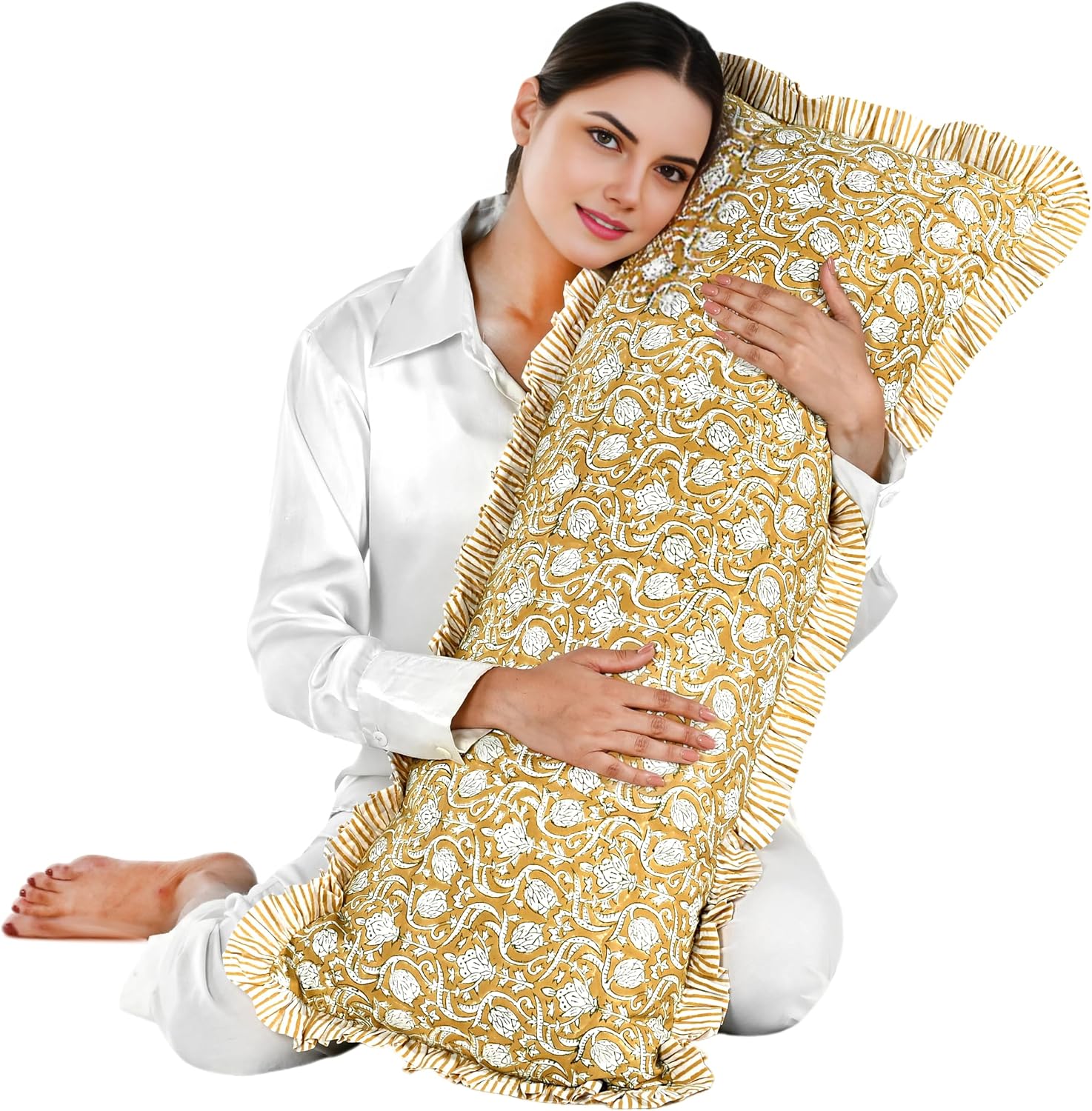 Cottonprintclub CPC Hand Block Print Mustard Regal Ruffle Sham Pillow Cover 36" x 14" inch Hidden Zipper Decorative Pillowcase for Couch, B…