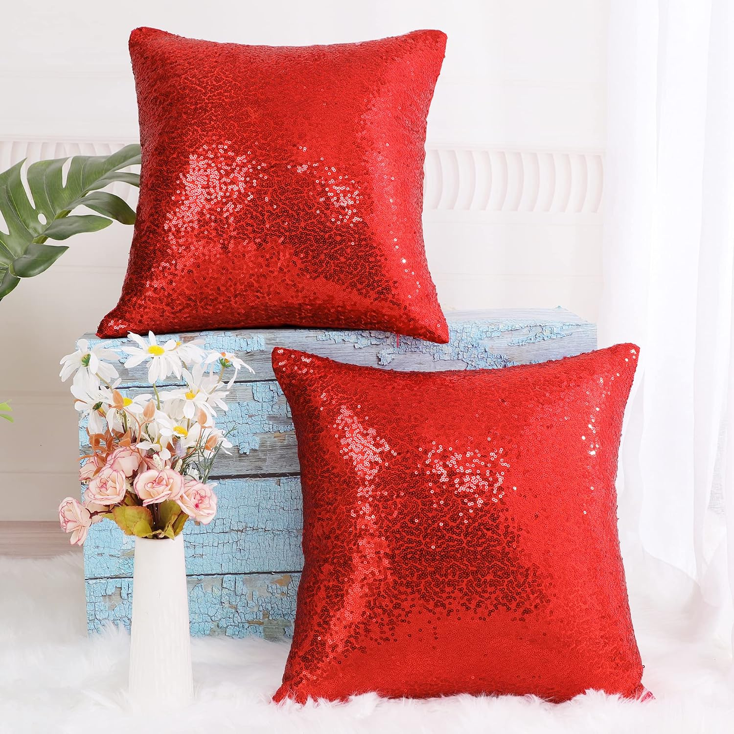 uxcell 2 Pcs Sequin Throw Pillow Covers, Shiny Sparkling Comfy Satin Cushion Covers, Decorative Pillowcases for…