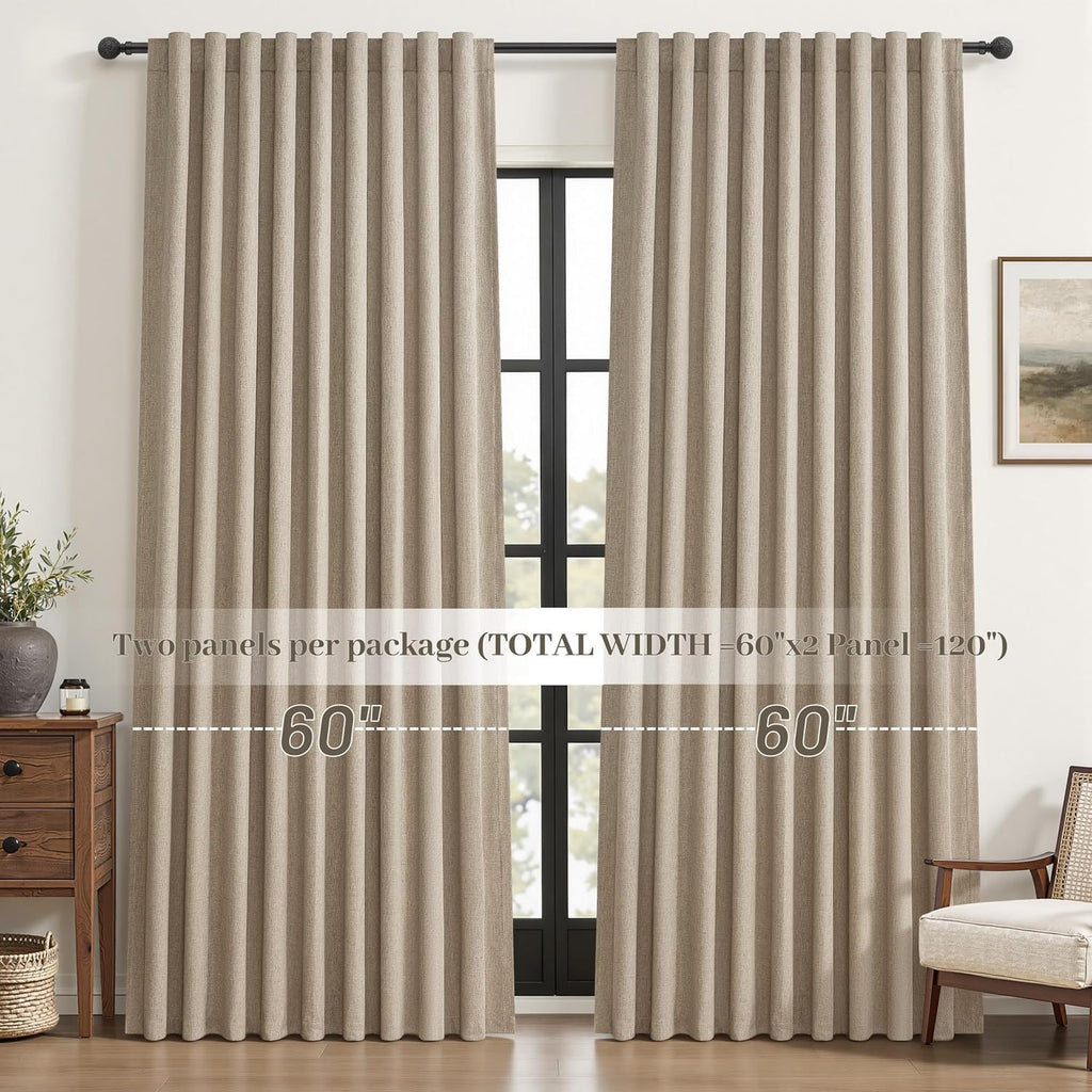 Qjmydeco Blackout Curtains 60 Inches Extra Wide Grey Beige Linen Curtains 84 Inch Length for Living Room, Pleated Farmhouse Bedroom Thermal…