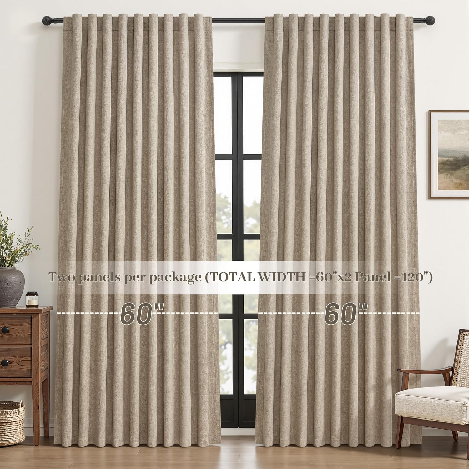 Qjmydeco Extra Wide 60 Inch Blackout Curtains 96 Inches Long for Living Room, Rustic Boho Room Darkening Textured Linen Pleated Insulated C…
