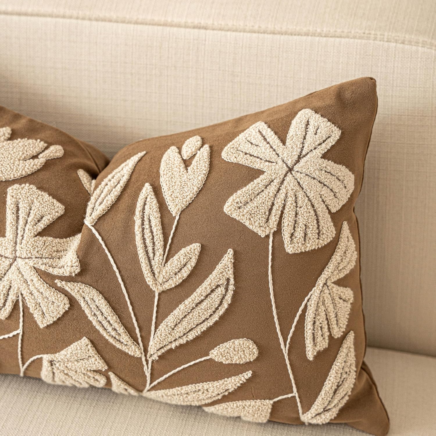 BlissBlush 14x36 Lumbar Pillow Cover for Bed, Brown Rectangular Long Throw Pillowcase, Embroidered Velvet Floral Tufted Farmhouse Accent…