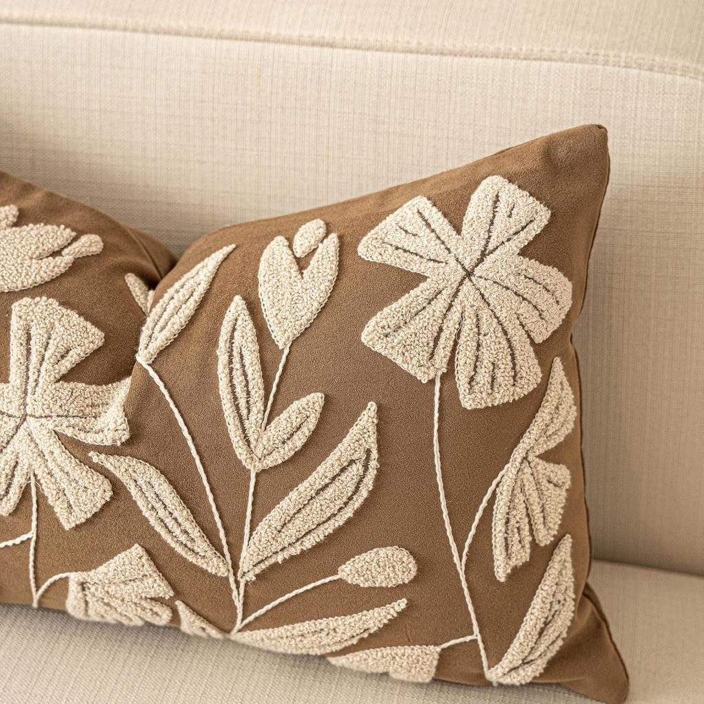 BlissBlush 12x20 Lumbar Pillow Cover, Rectangular Brown Decorative Throw Pillowcase for Couch Sofa, Embroidered Velvet Farmhouse Accent…
