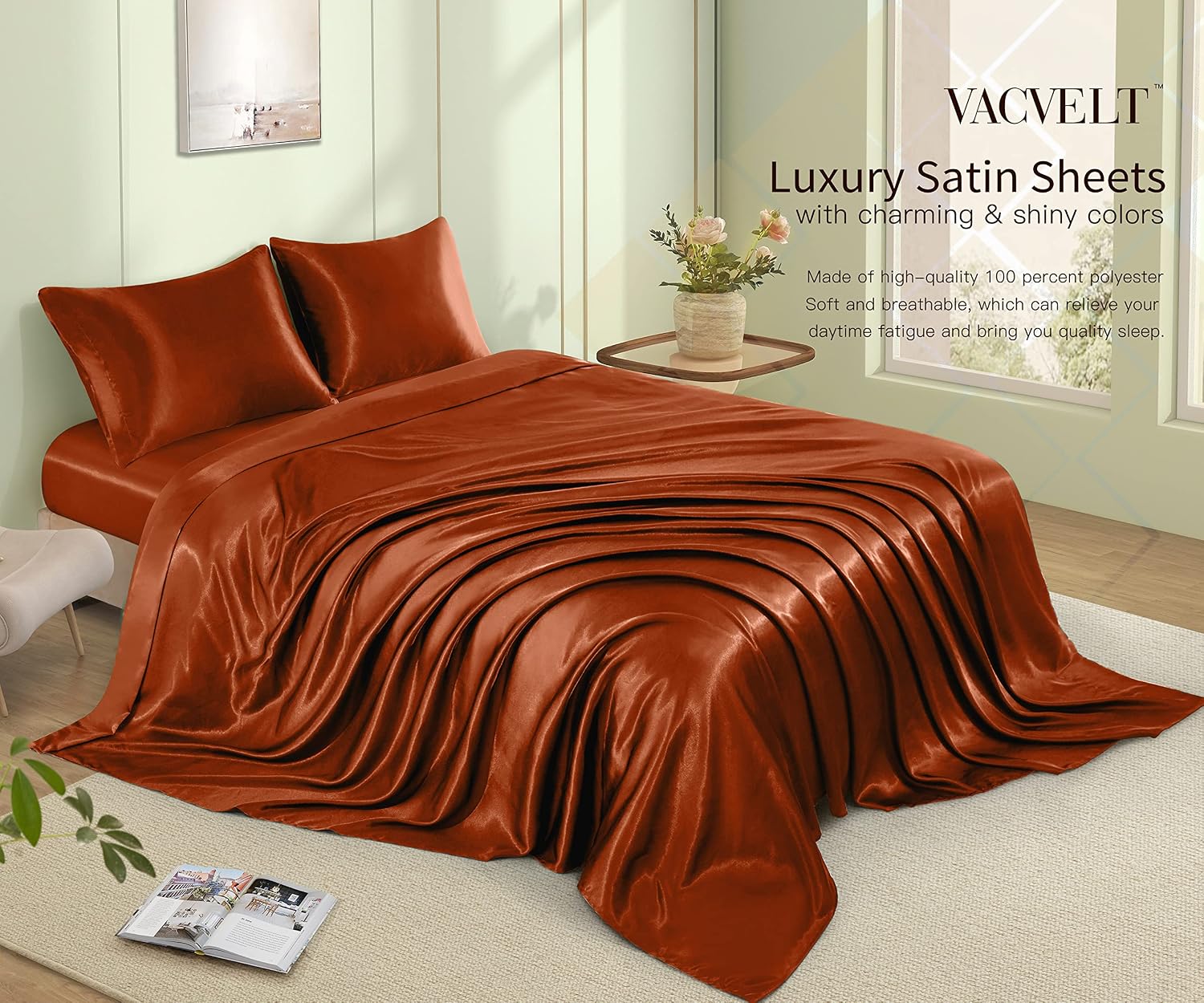 VACVELT 4pcs Rust Orange Satin Sheets King Size Bed Set, 15 Inch Deep Pocket Silky Satin Sheet Set, Soft Satin Bedding Set Cooling &…