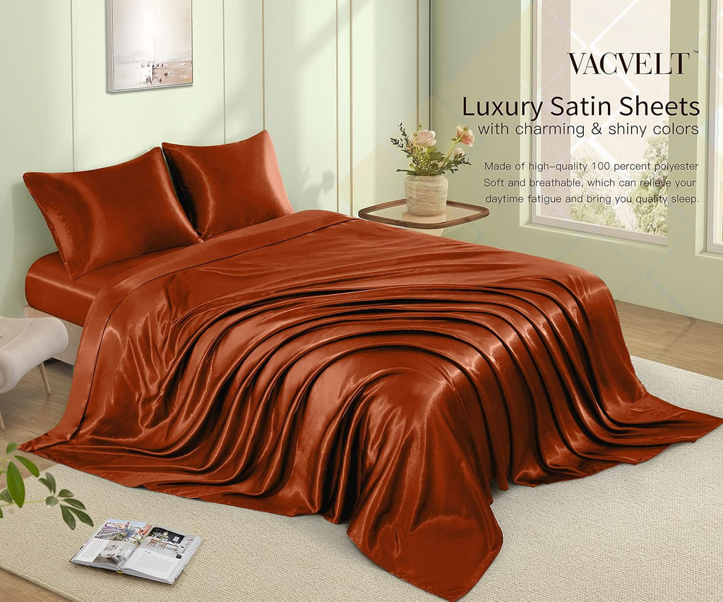 VACVELT 4pcs Rust Orange Satin Sheets Queen Size Bed Set, 15 Inch Deep Pocket Silky Satin Sheet Set, Soft Satin Bedding Set Cooling &…
