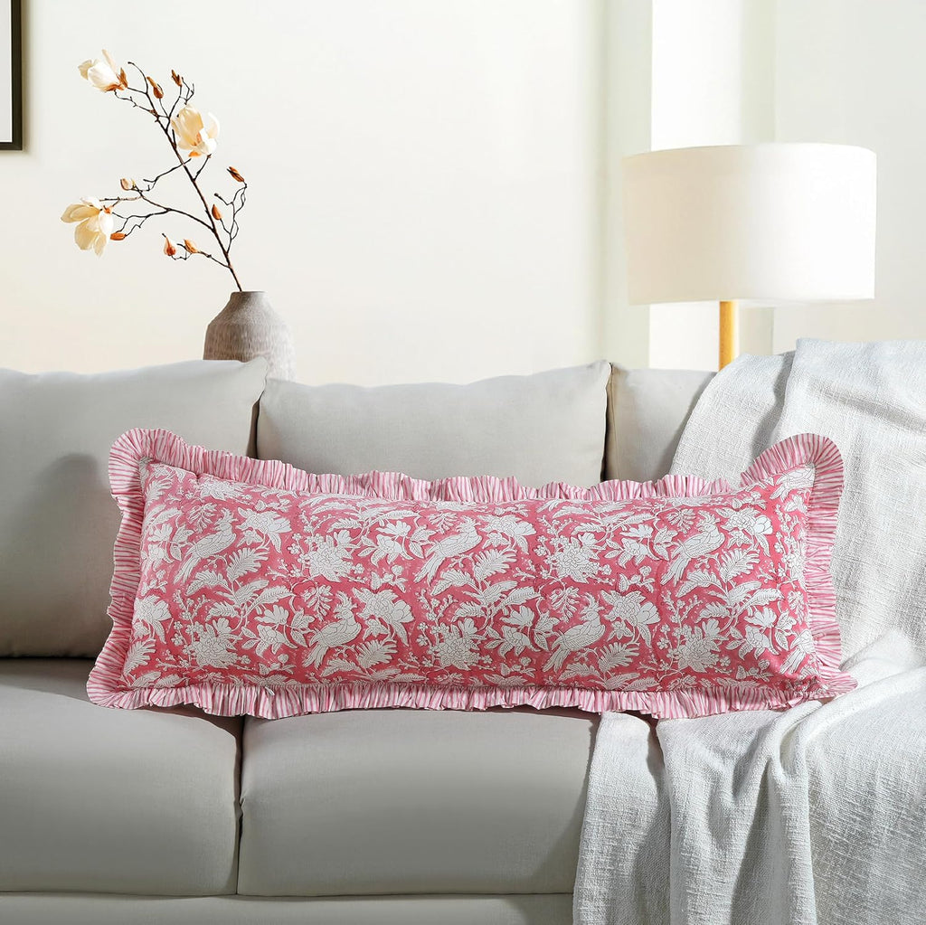 Cottonprintclub CPC Hand Block Print Pink Coral Ruffle Sham Pillow Cover 36" x 14" inch Hidden Zipper Decorative Pillowcase for Couch, Bed,…
