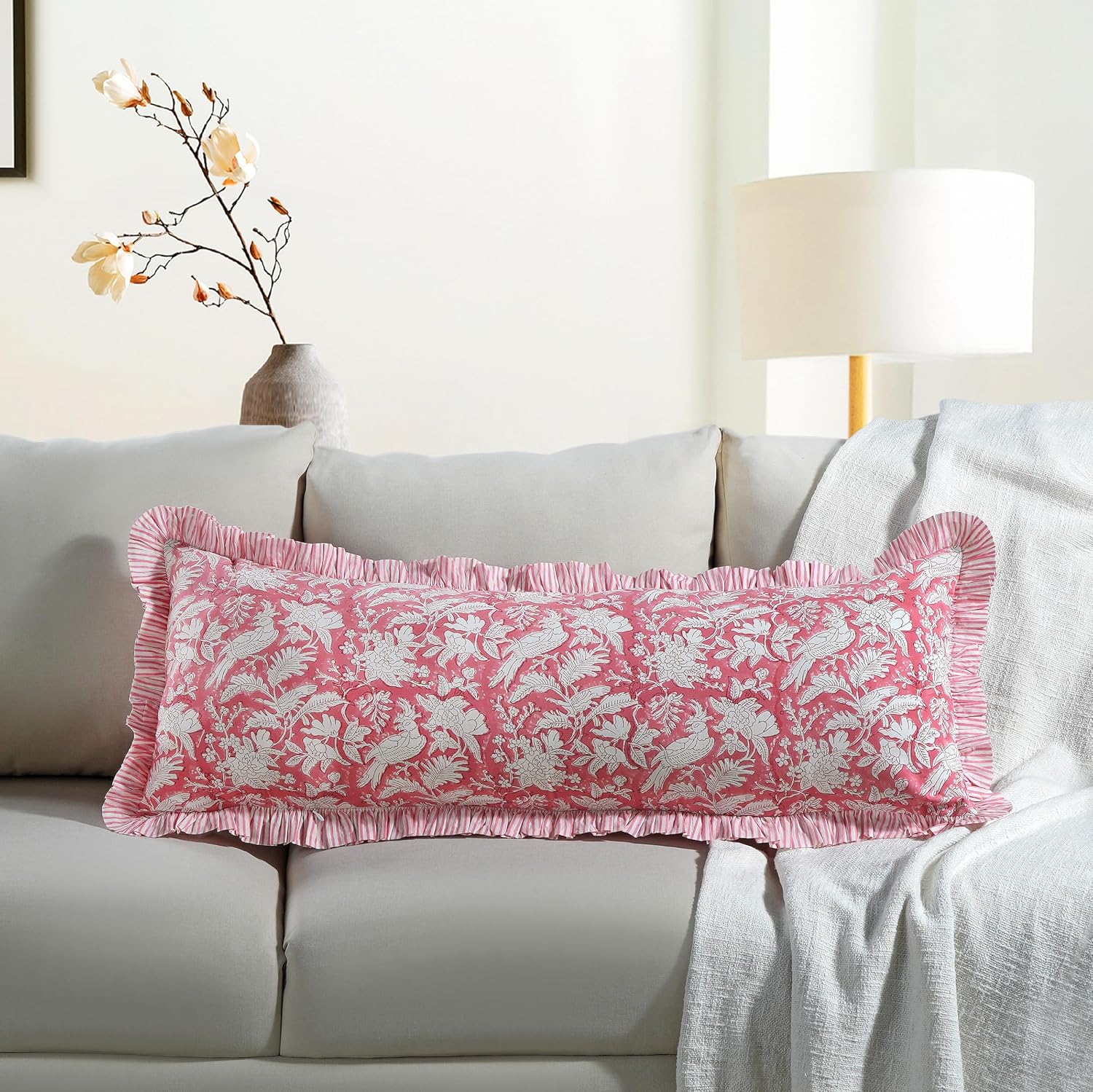 Cottonprintclub CPC Hand Block Print Pink Coral Ruffle Sham Pillow Cover 36" x 14" inch Hidden Zipper Decorative Pillowcase for Couch, Bed,…