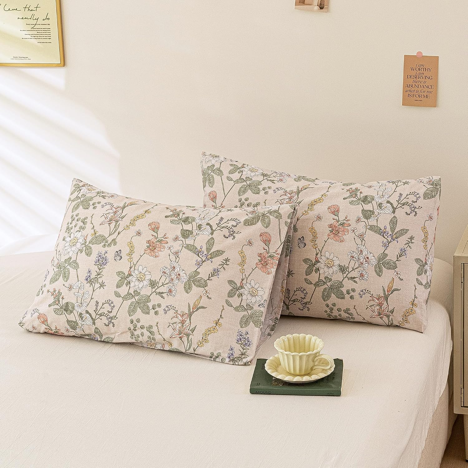 ECOCOTT 2 Pack Floral Pillowcases King Size, 100% Washed Cotton Pillow Cases with Envelope Closure, Vintage Botanical Flower Printed…