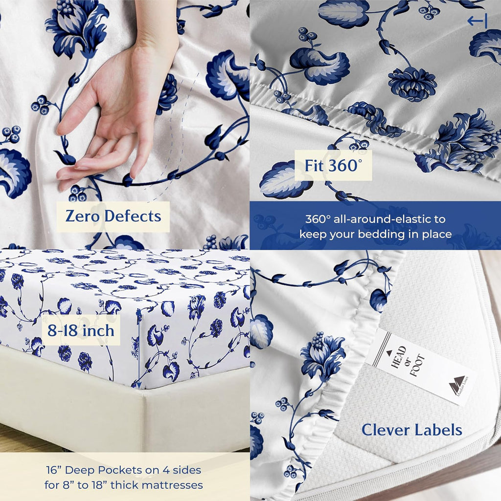 Mayfair Linen 100% Organic Cotton Printed Sheets Queen Size - Percale Weave Cotton Queen Size Sheet Set (4 PC, Floral Blue), Soft &…