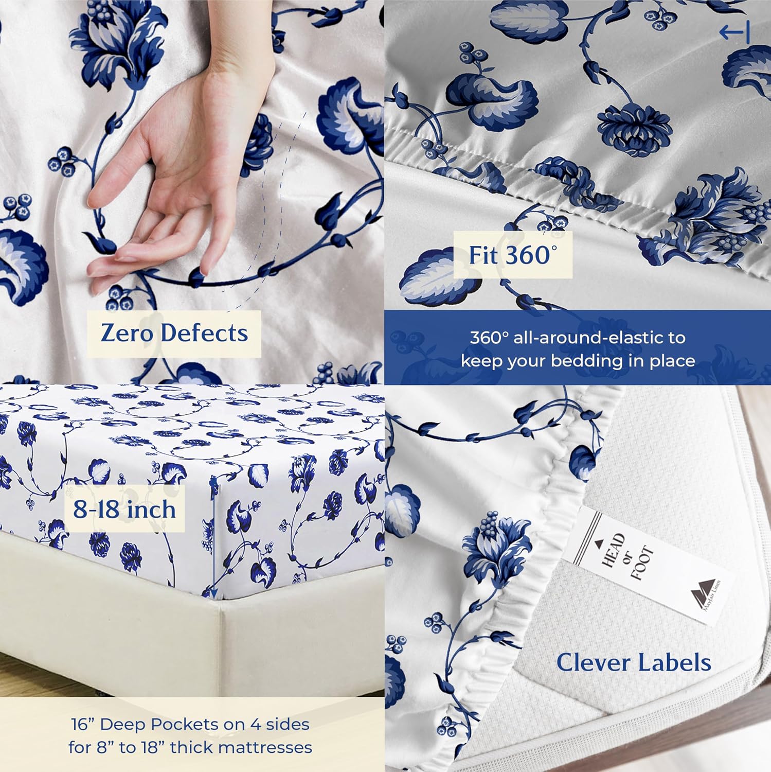 Mayfair Linen 100% Organic Cotton Printed Sheets Queen Size - Percale Weave Cotton Queen Size Sheet Set (4 PC, Floral Blue), Soft &…