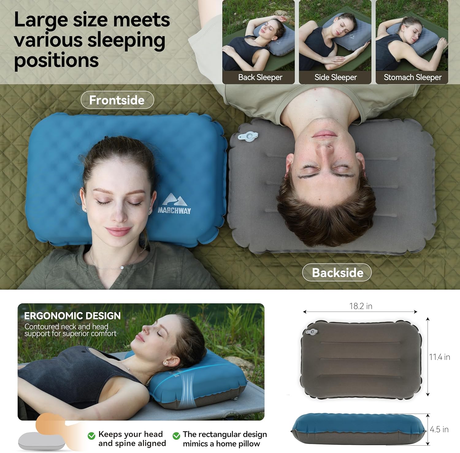 MARCHWAY Inflatable Camping Pillow with Soft Foam Top & TPU Air Bladder, Dual-Sided Support for All-Season, Lightweight Compact Travel…