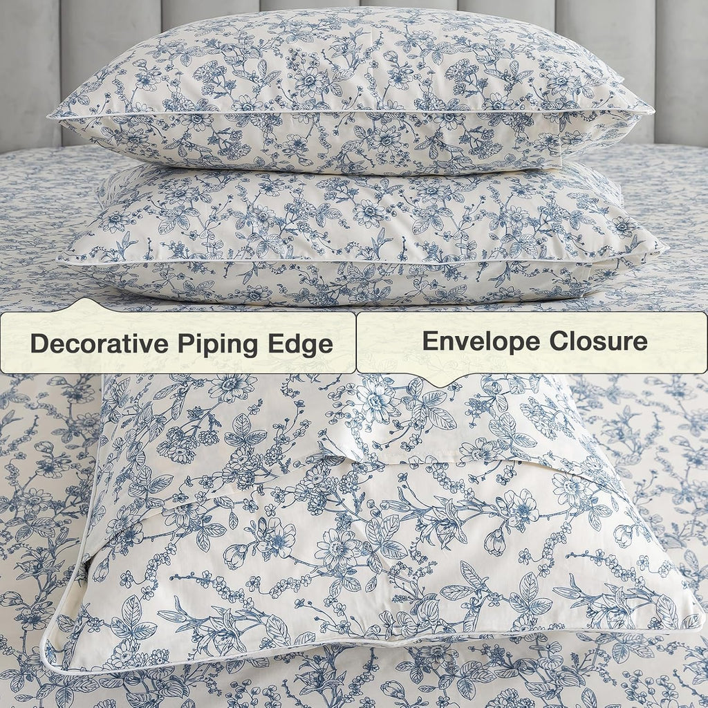 Puralens Blue Floral Duvet Cover King Size 100% Cotton, Vintage Pattern Soft Crisp Toile Comforter Cover Set, Aesthetic Cute Reversible Per…