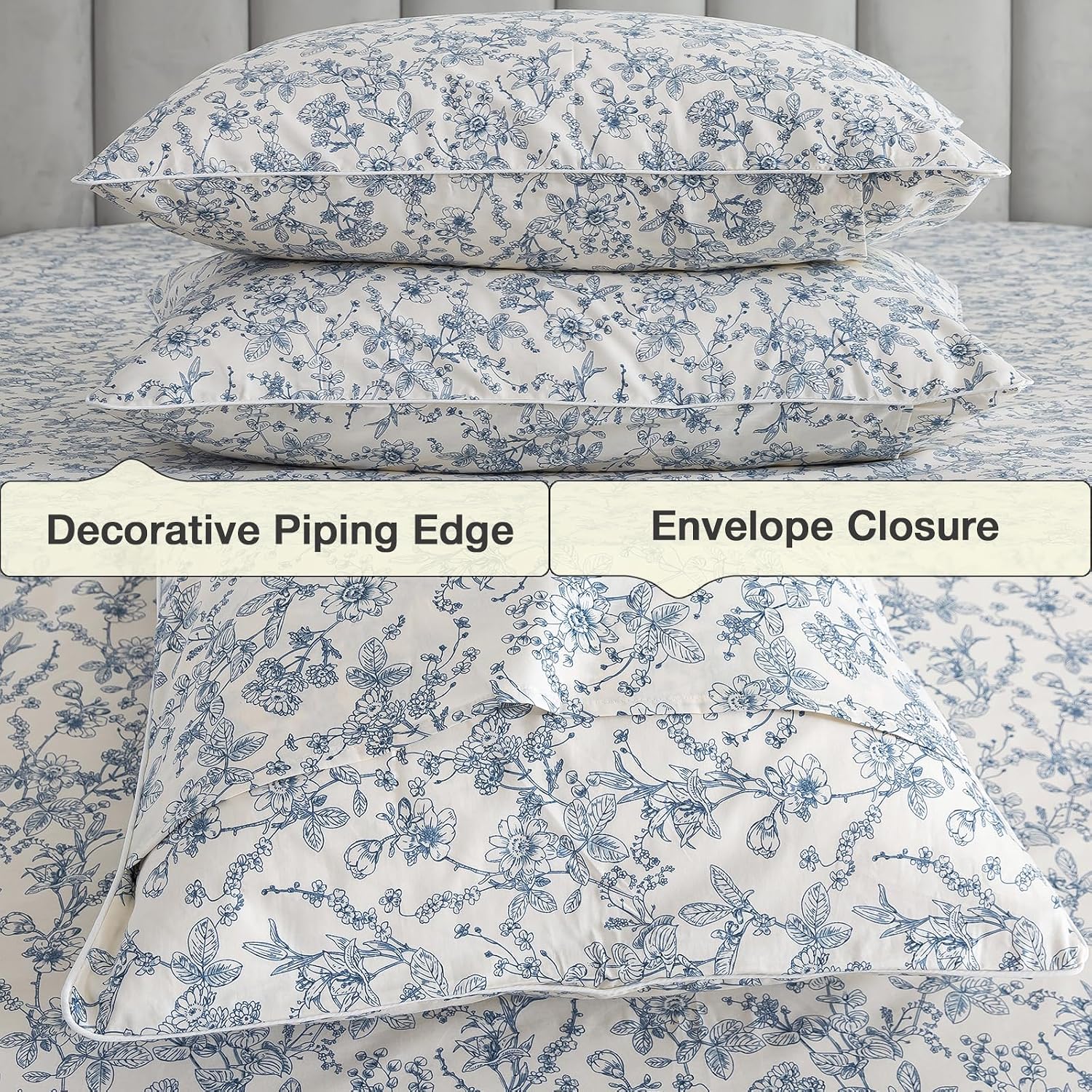 Puralens Blue Floral Duvet Cover King Size 100% Cotton, Vintage Pattern Soft Crisp Toile Comforter Cover Set, Aesthetic Cute Reversible Per…