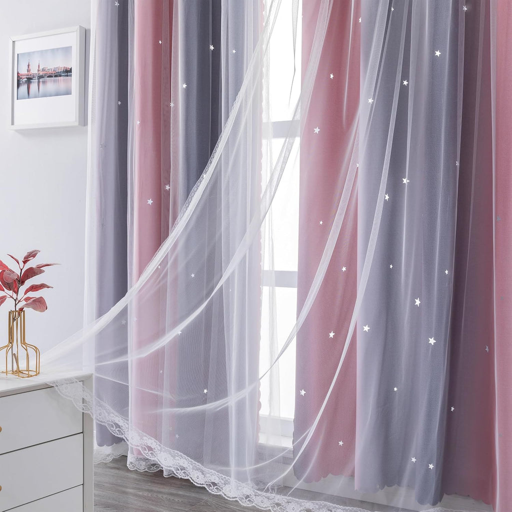 Addsomecolortolife XiDi Dream Star Blackout Curtains for Kids Rooms Girl Princess Curtain for Daughter Bedroom Window (Pink Grey, W34 X L72…