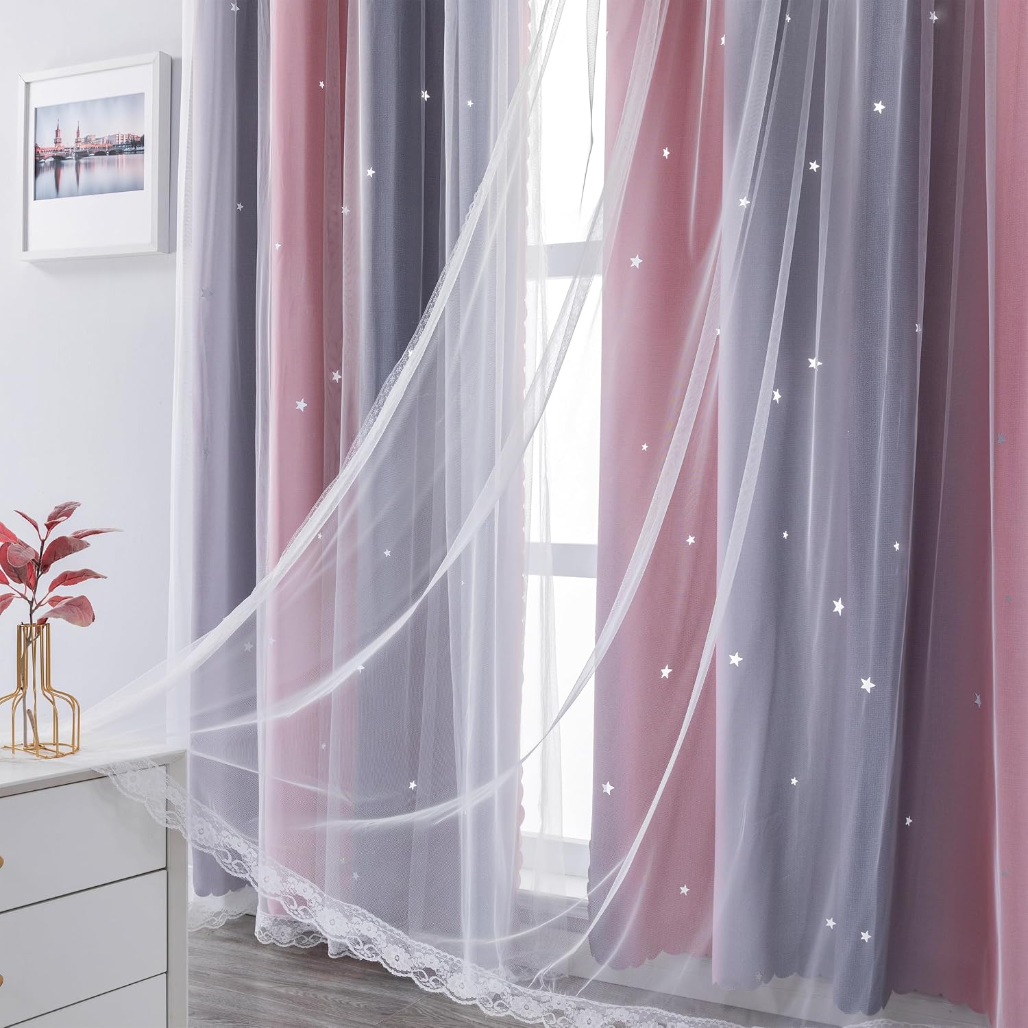 Addsomecolortolife XiDi Dream Star Blackout Curtains for Kids Rooms Girl Princess Curtain for Daughter Bedroom Window (Pink Grey, W52 X L84…