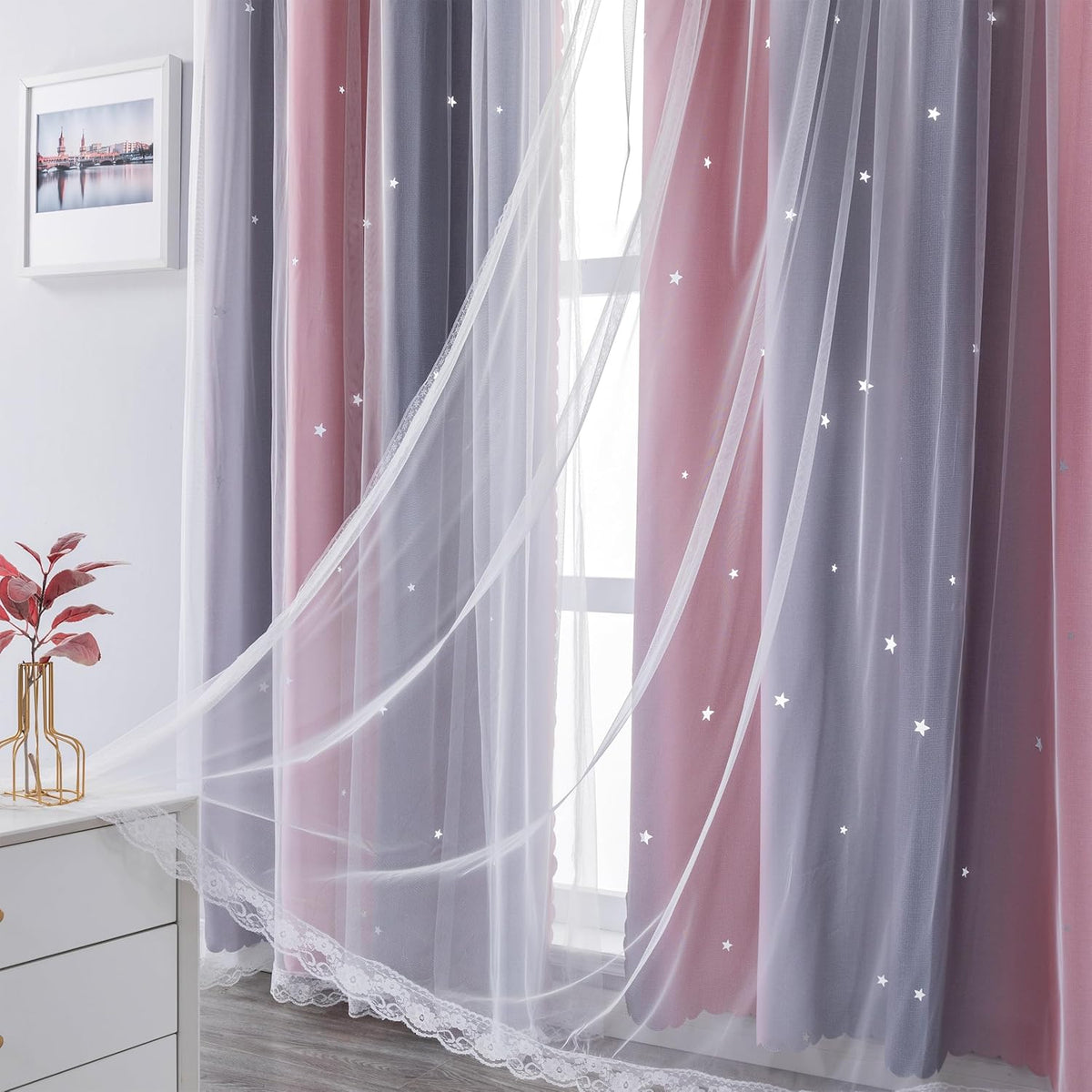 Addsomecolortolife XiDi Pink and Grey Star Blackout Curtains for Kids Rooms Girl Princess Curtain for Daughter Bedroom Window (Pink Grey, W…
