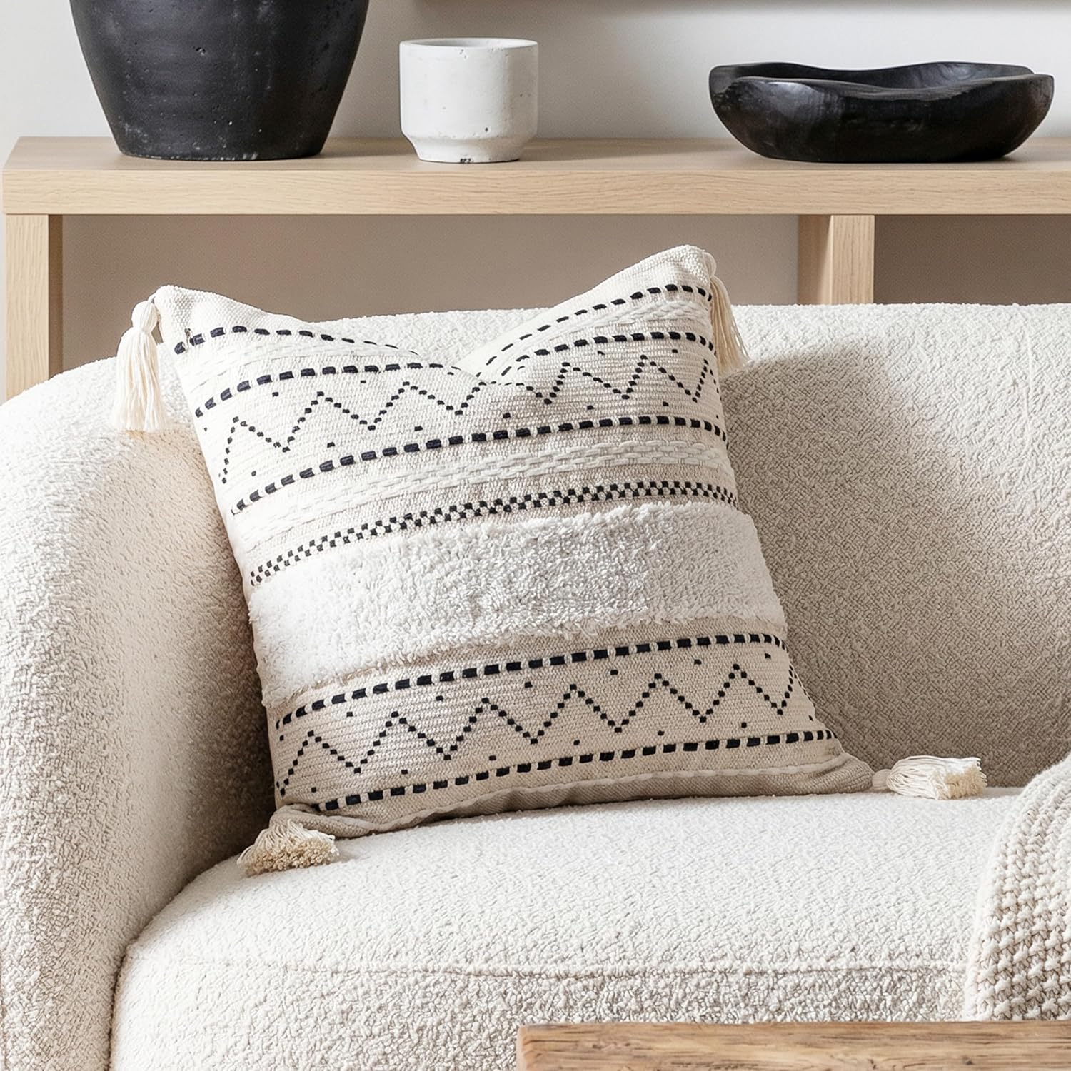 BlissBlush 20X20 Throw Pillow Cover, Cream Neutral Square Decorative Cushion Cover with Black Pattern, Boho Accent Pillowcase with Tufted…