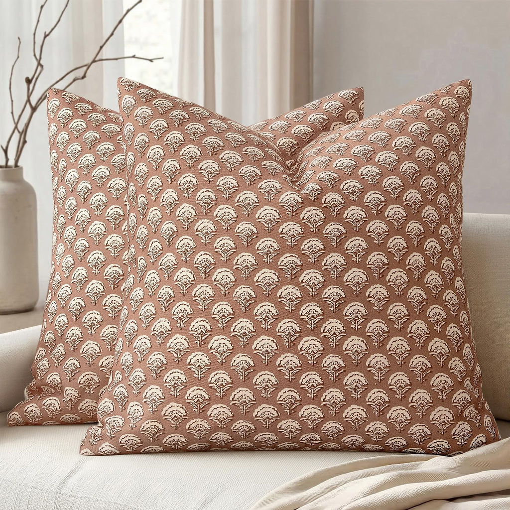 MIULEE Set of 2 Decorative Floral Pillow Covers Neutral Vintage Throw Pillows Block Print Boho Farmhouse Cushion Covers for Modern Spring…
