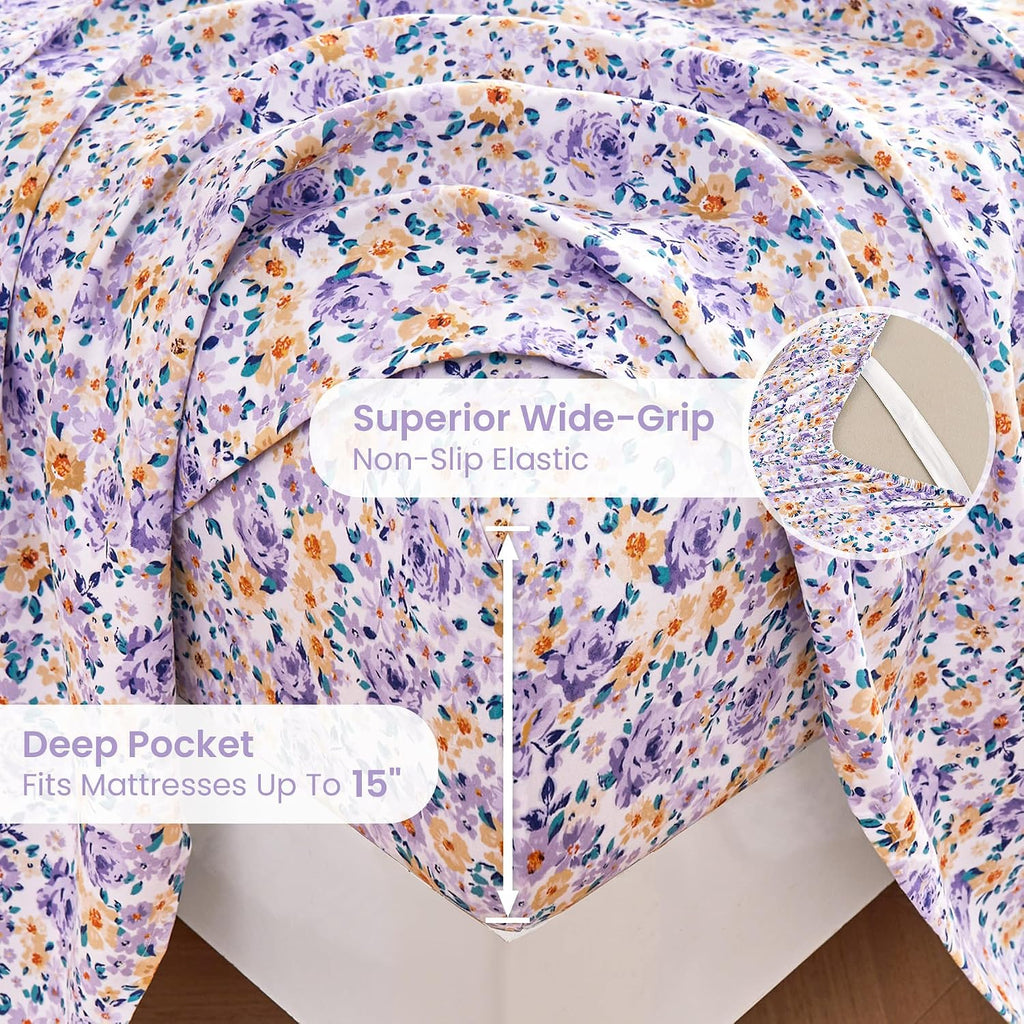 mooreeke Floral King Bed Sheets, Soft Microfiber Vintage Printed Bedding Sheets & Pillowcases, Deep Pocket Non-Slip Fitted King Sheet, Purp…
