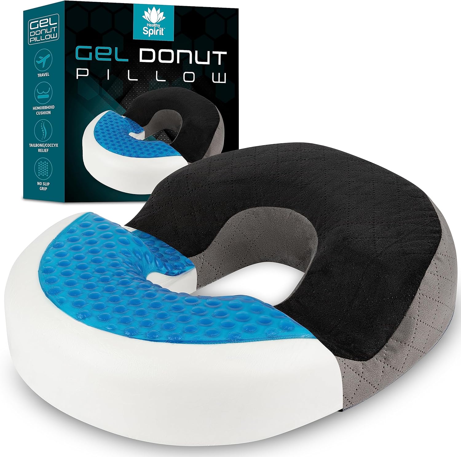 thy Spirit Gel Donut Pillow | Lifting Cushion | Donut Cushion for Tailbone Hemorrhoid Cushion Coccyx Sciatica Pregnancy Cushion (Grey/B…