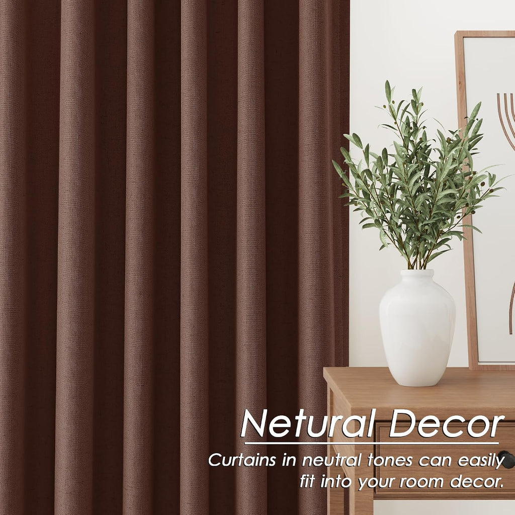 Nanspring Rustic Brown 100% Blackout Linen Curtains 108 Inches Long for Bedroom Back Tab Thermal Insulated Rustic Farmhouse Decor Black Out…