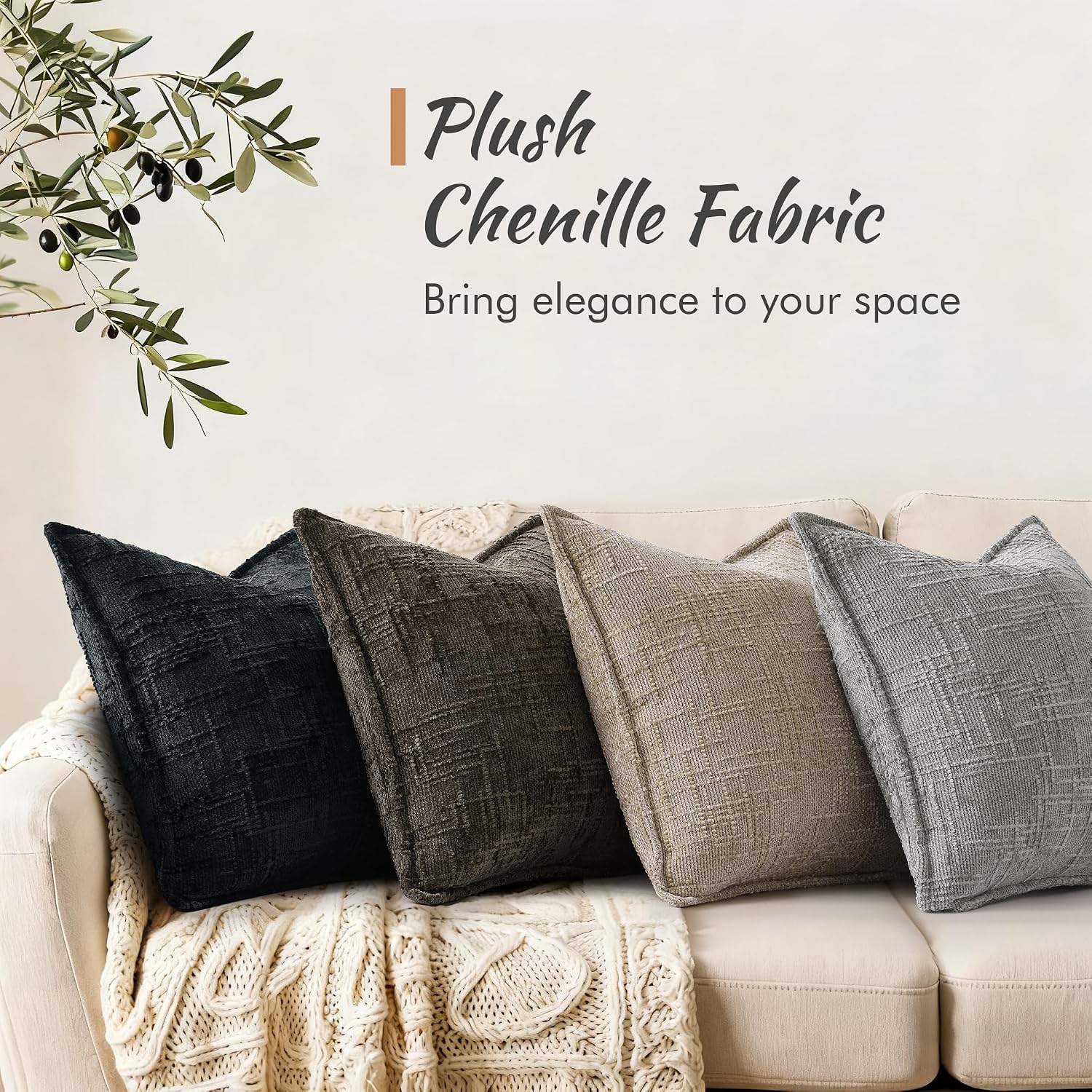 decorUhome Chenille Throw Pillow Covers 20x20 Set of 2, Soft Textured Slubby Modern Decorative Pillow Covers with Elegant Design for Couch,…