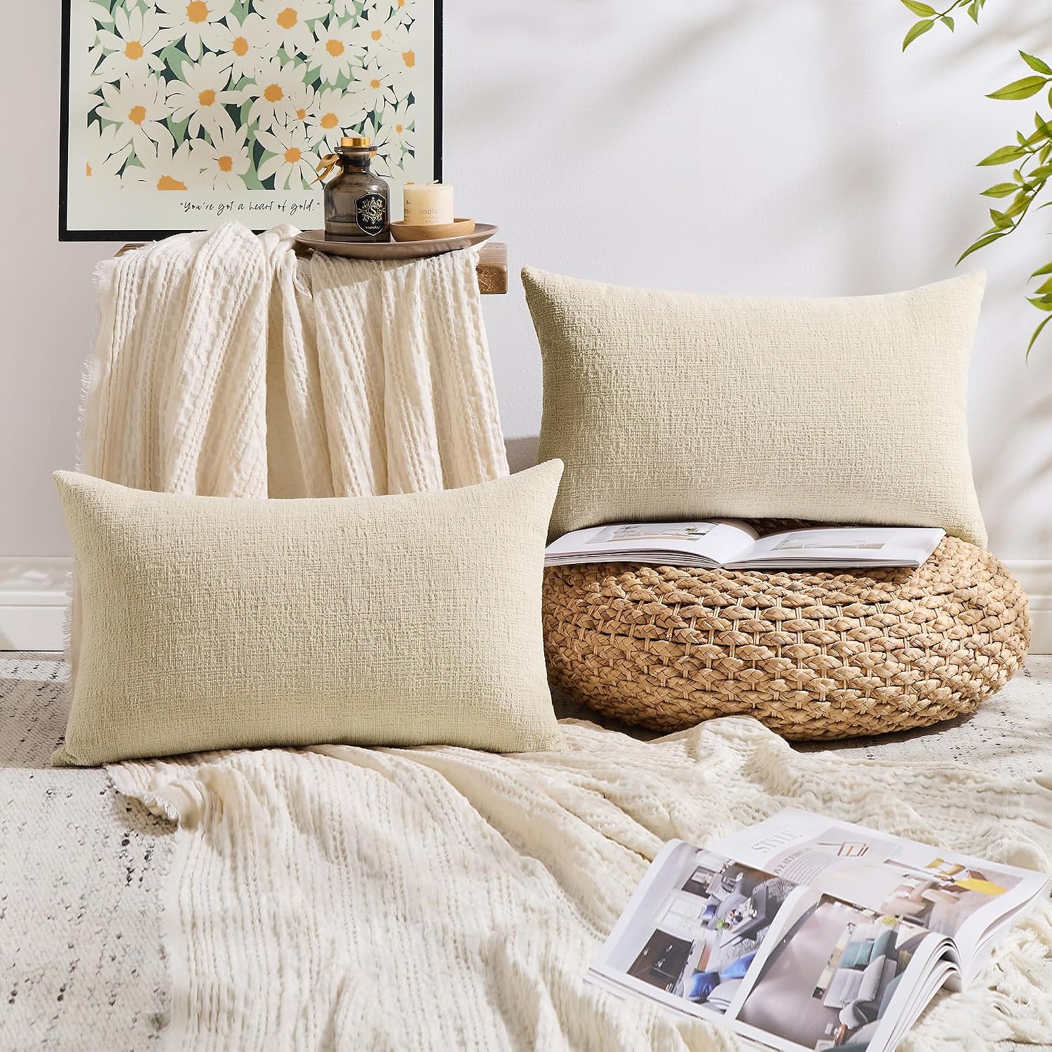 Gawamay Set of 2 Decorative Lumbar Soft Chenille Throw Pillow Covers 12x20 Inch, Boho Farmhouse Cushion Cases, Couch Pillow Covers for Livi…