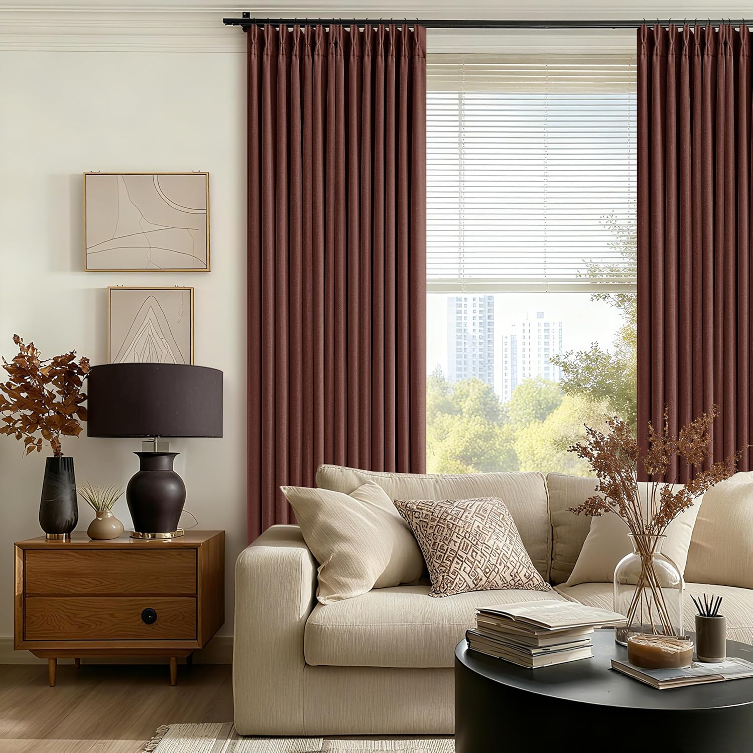 Twodrapes Reddish Brown Linen Blackout Pleated Curtains 90 Inches Long for Living Room Darkening Pinch Pleat 100% Black Out Drapes Thermal…