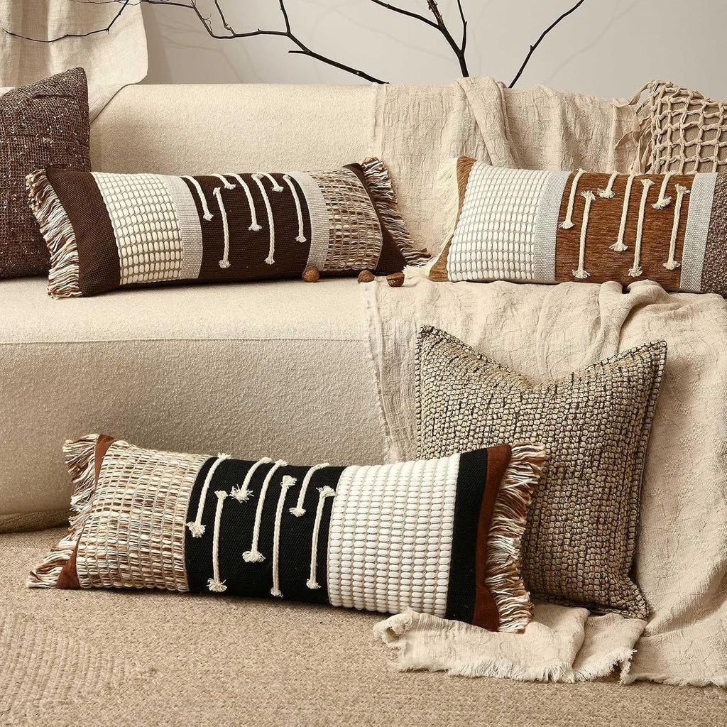 Aibuhome Decorative Lumbar Pillow Cover 12x28, Handwoven Boho Long Body Pillow for Bed Farmhouse Lumbar Throw Pillow, Cotton Linen Tassel C…