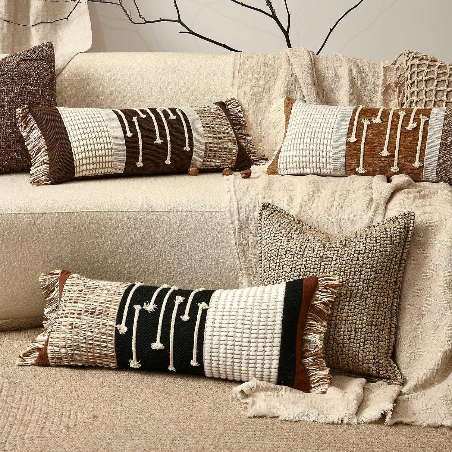 Aibuhome Decorative Lumbar Pillow Cover 12x28, Handwoven Boho Long Body Pillow for Bed Farmhouse Lumbar Throw Pillow, Cotton Linen Tassel C…