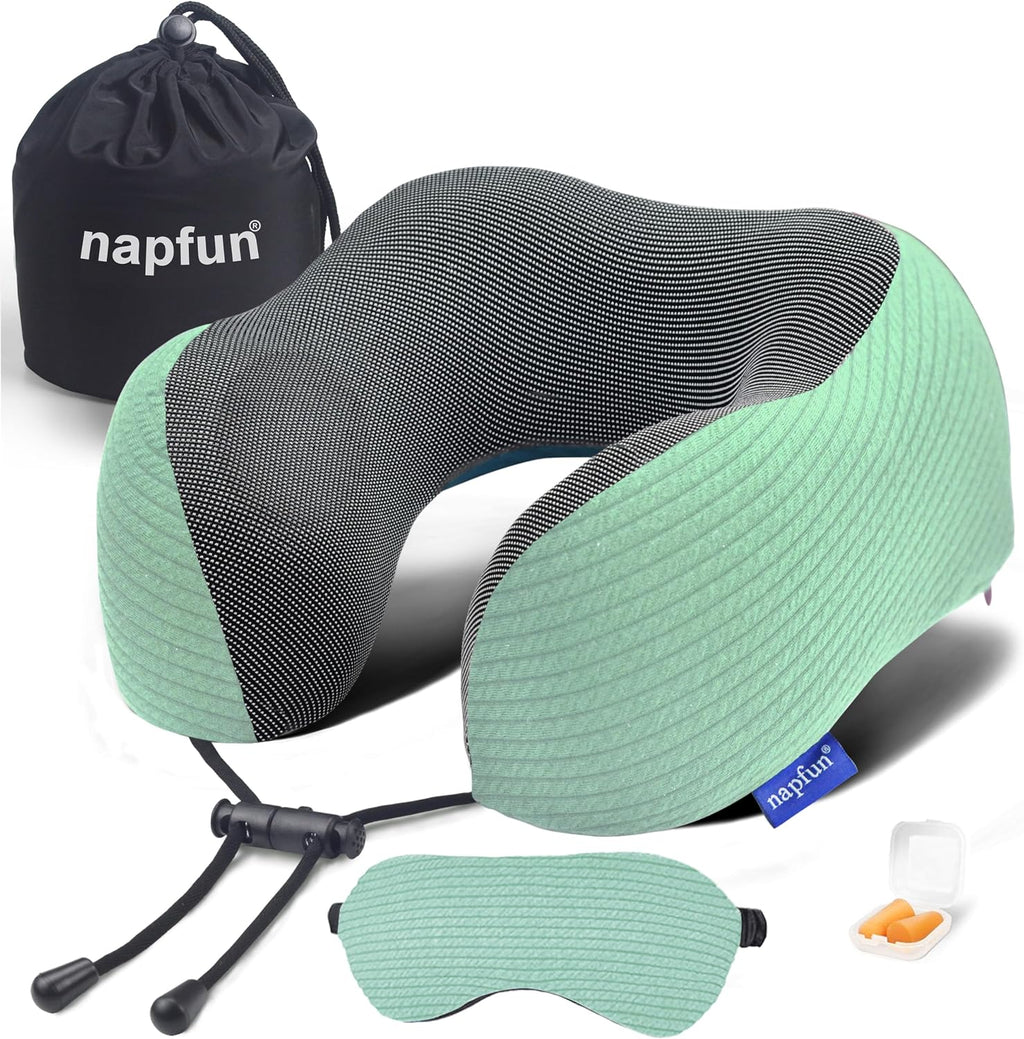 napfun Neck Pillow for Travel with Travel Pouch, Sleep Mask & Earplugs, Memory Foam Airplane Pillow for Headrest Sleep with Eyeshades…