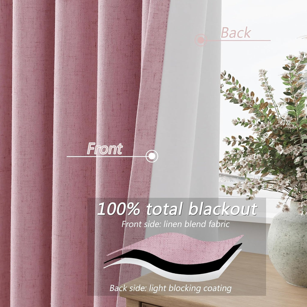 Guken 100% Blackout Curtains 90 Inch Length 2 Panels Set for Living Room Bedroom Back Tab Thermal Insulated Black Out Linen Drapes Room Dar…