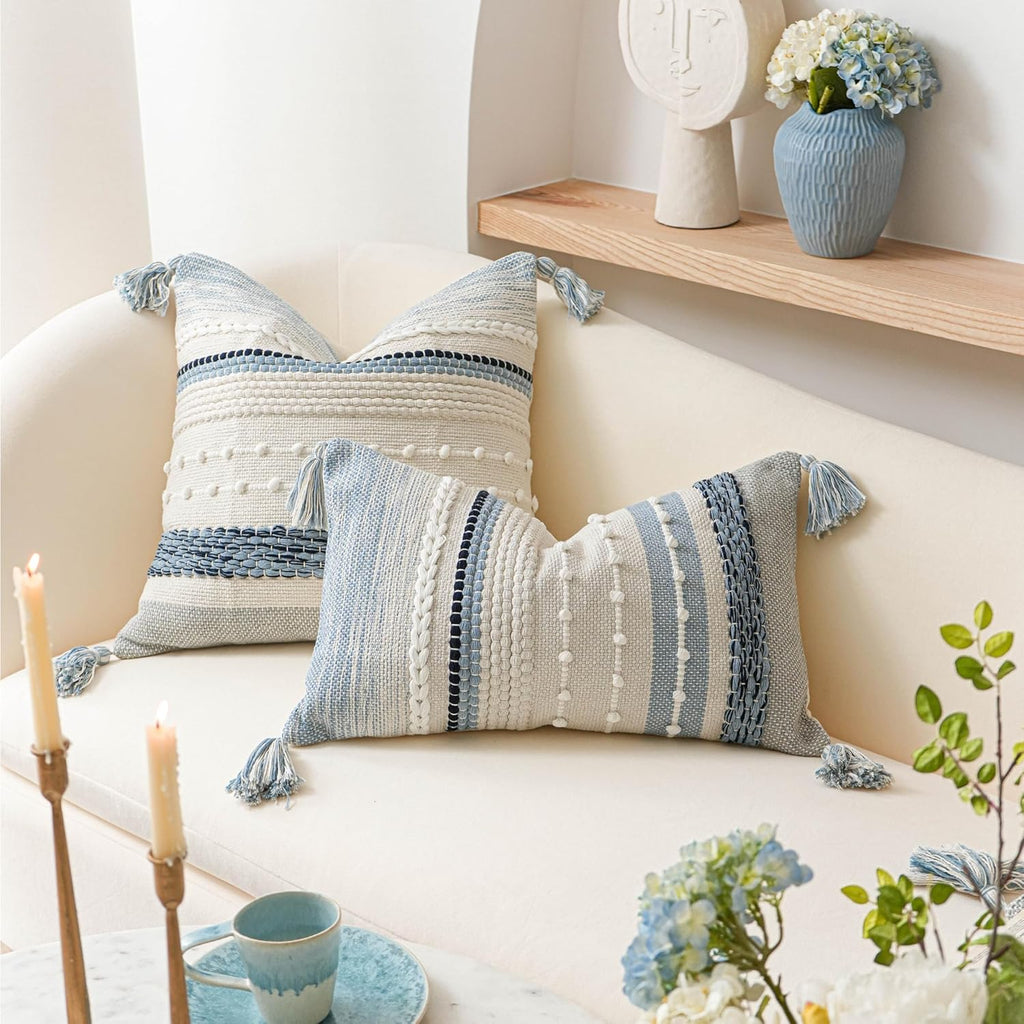 BlissBlush Coastal Blue Boho Decorative Throw Pillow Cover 20x20 Modern Bohemian Accent Pillow Case Square Woven Textured Farmhouse…