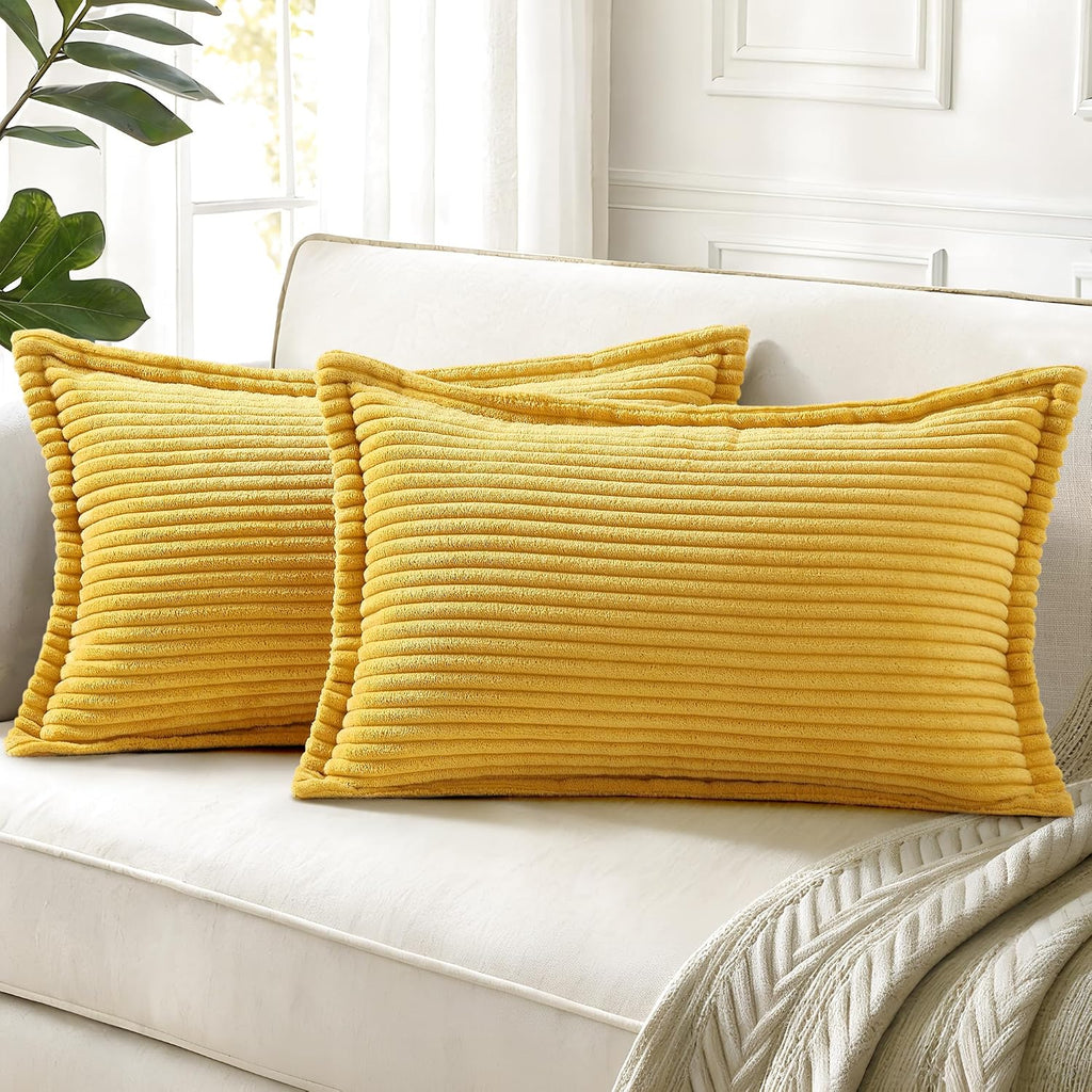decorUhome Summer Corduroy Mustard Yellow Throw Pillow Covers 12x20 Set of 2 Decorative Soft Boho Farmhouse Lumbar Couch Pillow Covers for…