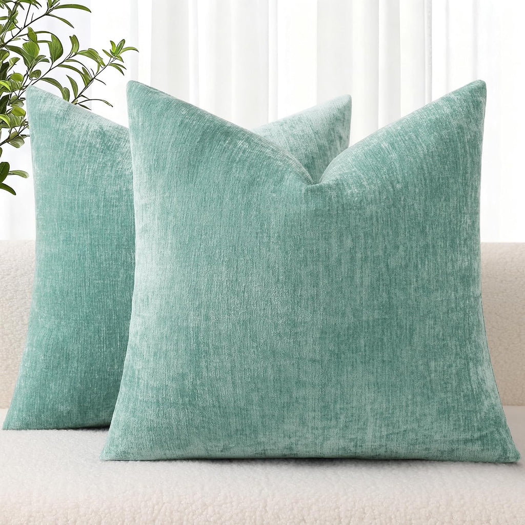 decorUhome Chenille Aqua Haze Throw Pillow Covers 18x18 Inch Set of 2, Decorative Soft Couch Pillow Covers Solid Dyed Accent Velvet Farmhou…