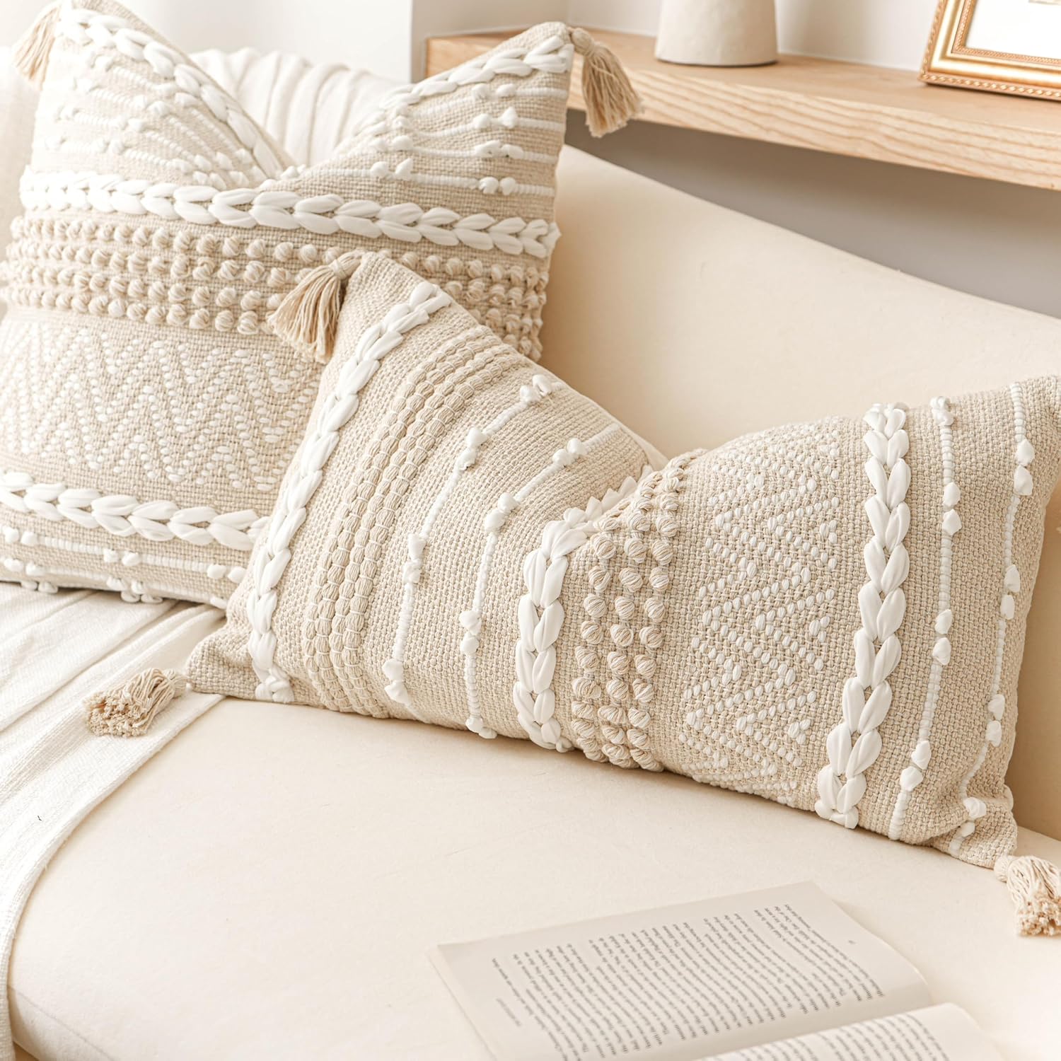 BlissBlush Decorative Lumbar Pillow Cover 14x24, Cream White Boho Accent Throw Pillow Case for Couch Sofa Bed, Modern Farmhouse Textured…