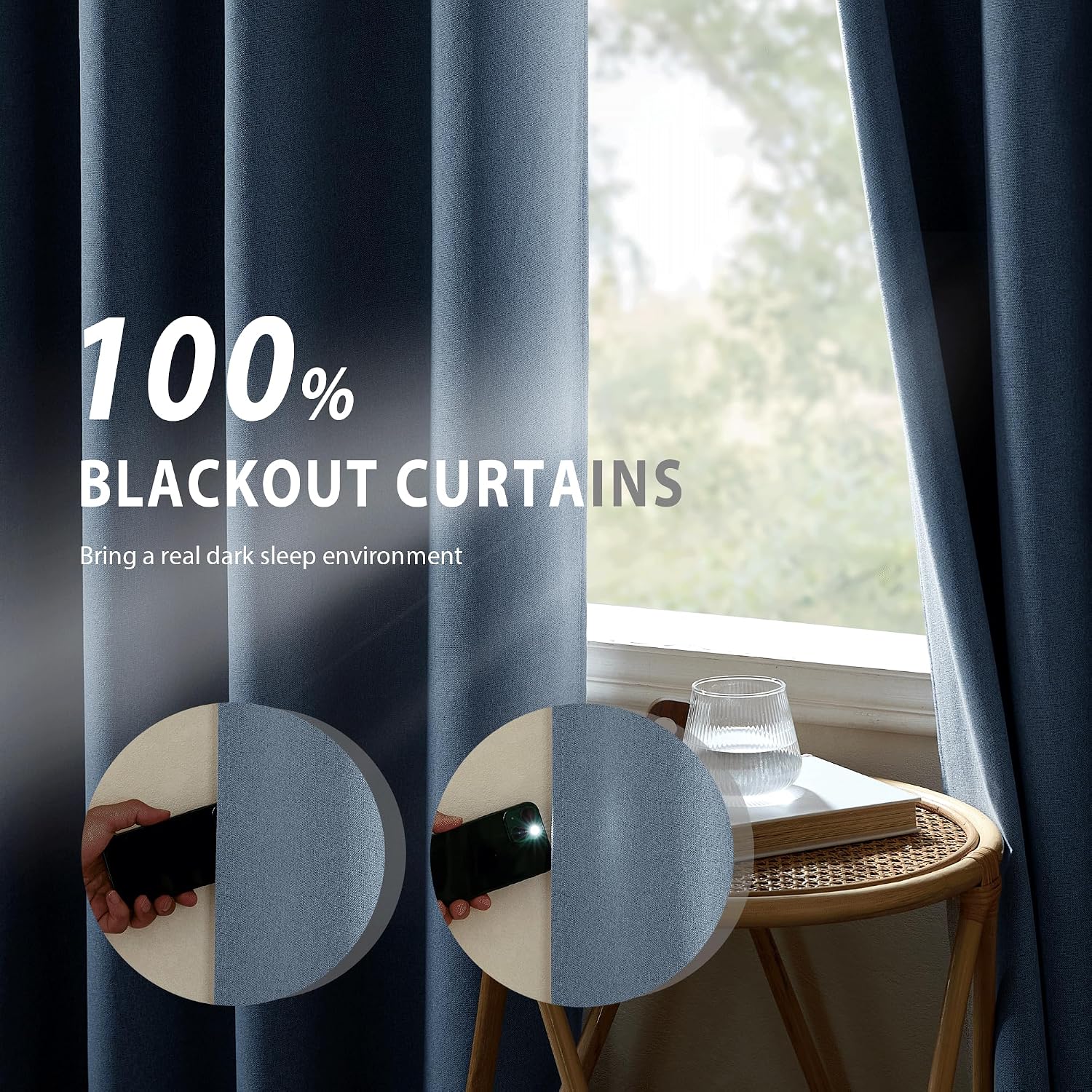 NICETOWN Stone Blue Full Shade Faux Linen Curtain Panels 90" Long, Pair of Energy Smart & Noise Blocking Out Blackout Drapes for Guest…