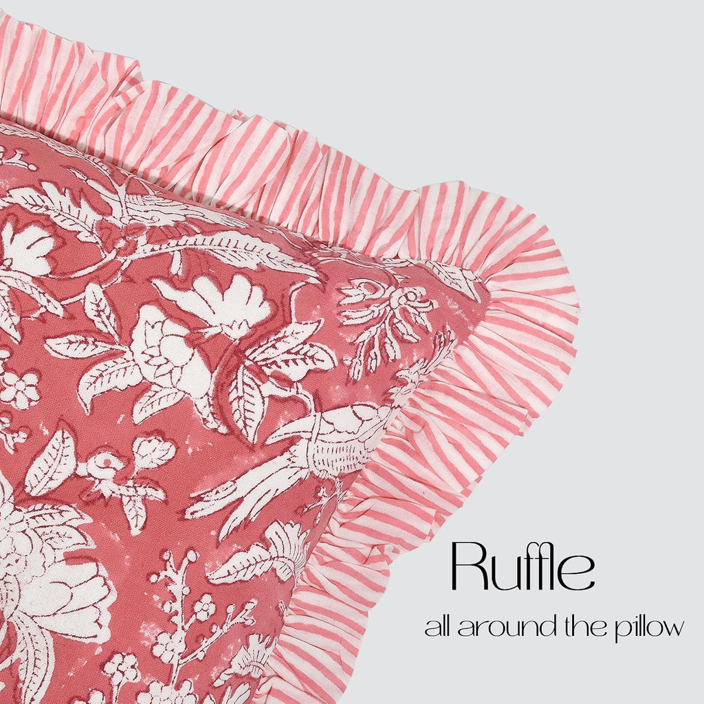 Cottonprintclub CPC Hand Block Print Pink Coral Ruffle Sham Pillow Cover 36" x 14" inch Hidden Zipper Decorative Pillowcase for Couch, Bed,…