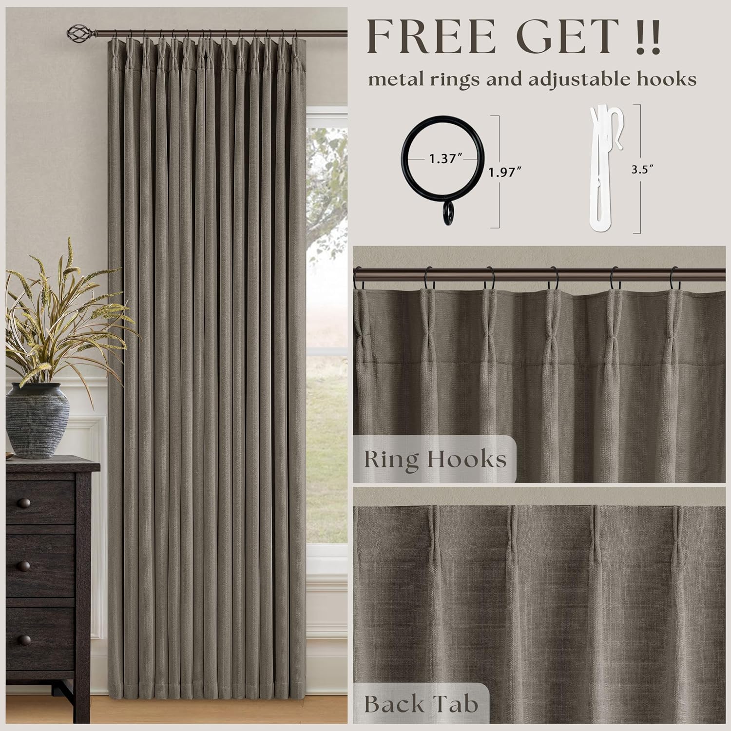 Twodrapes Dark Taupe 96 Inch Blackout Pinch Pleated Curtains 2 Panel Set for Living Room Darkening Thick Linen Textured 100% Black Out Drap…