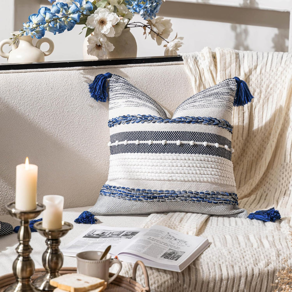 BlissBlush Navy Dark Blue Decorative Throw Pillow Cover 18x18 Square Boho Accent Pillowcase Tassels Farmhouse Cushion for Couch Sofa…