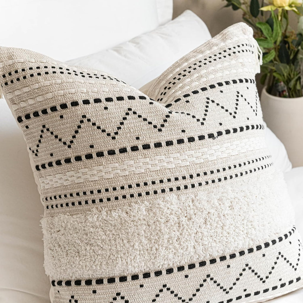 BlissBlush 20X20 Throw Pillow Cover, Cream Neutral Square Decorative Cushion Cover with Black Pattern, Boho Accent Pillowcase with Tufted…