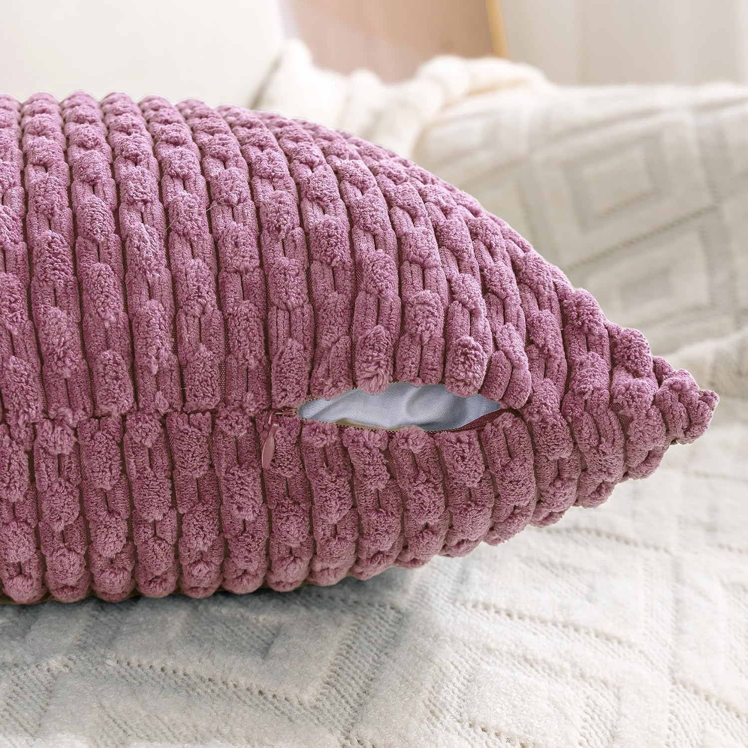 Cozoomy Set of 4 Pink Beige White Decorative Throw Pillow Covers 20x20 Inch Corduroy Pillow Covers for Bed Couch Sofa Living Room Soft Squa…