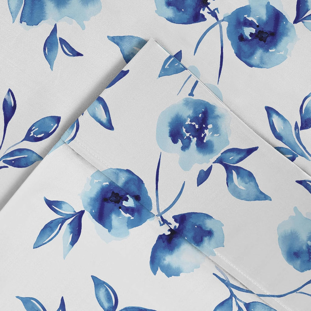 Pointehaven Water Petals White Printed Cotton Percale 3 pc Sheet Set, Twin
